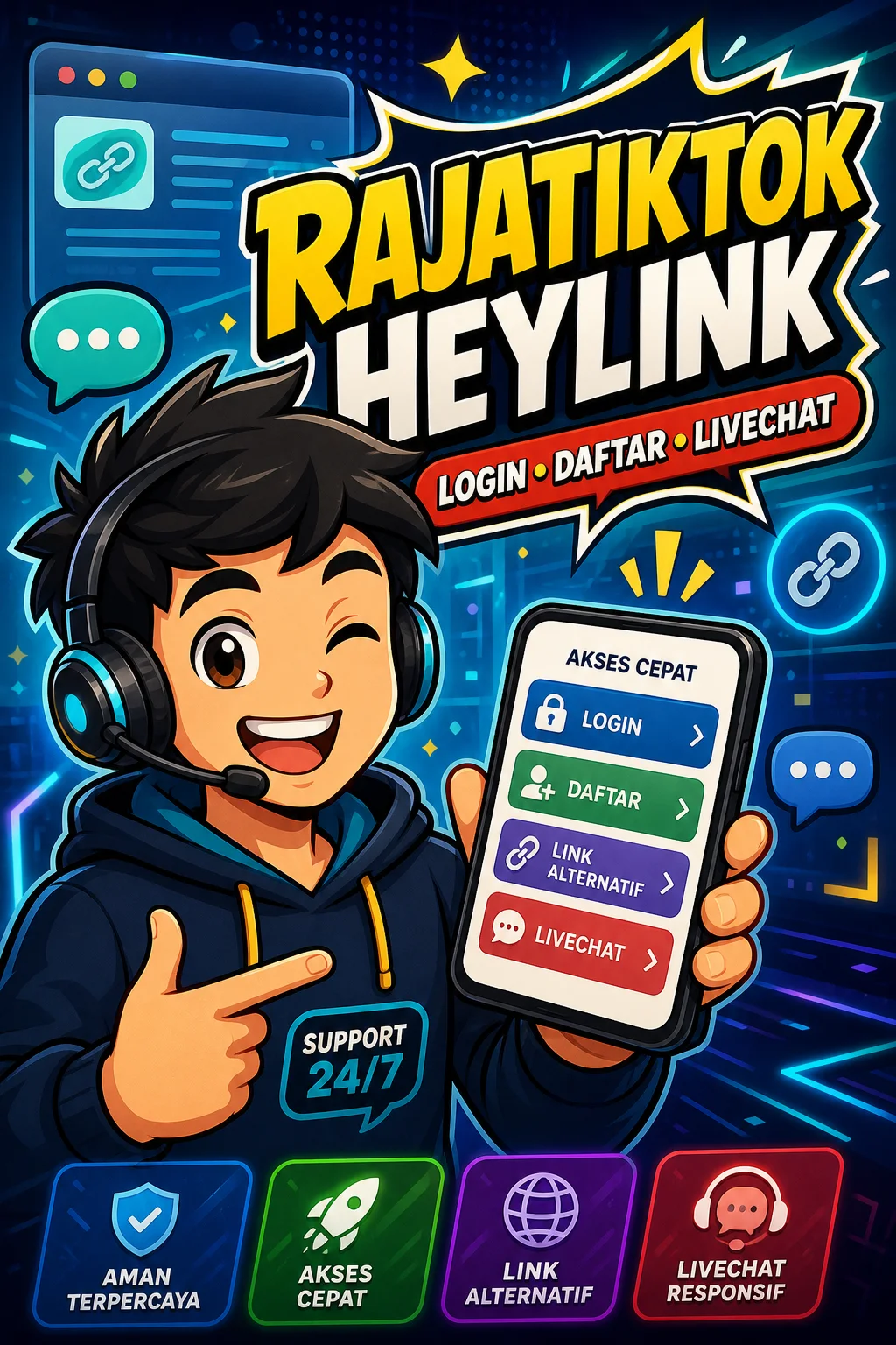 Karakter kartunis Rajatiktok dengan teks login daftar livechat